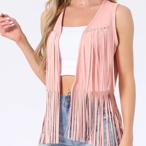 Pink Fringe Suede Sleeveless Vest